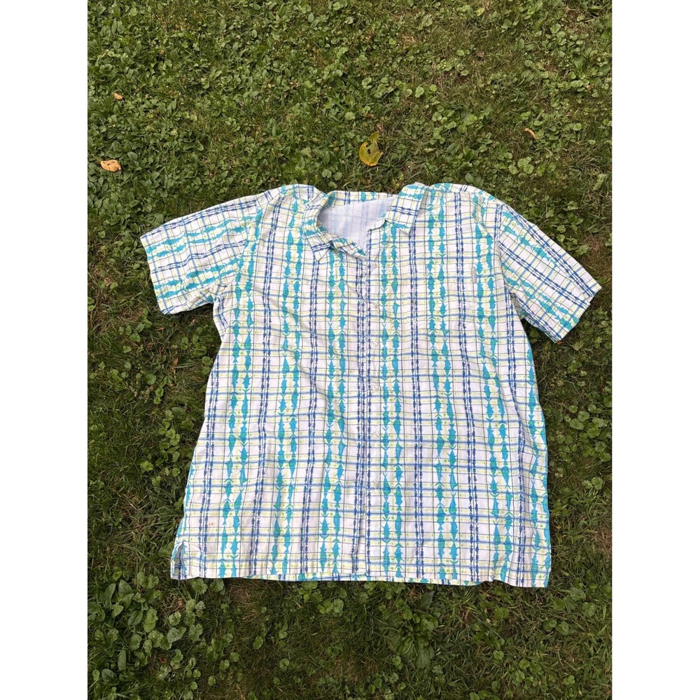 Columbia‎ PFG Mens XXL Blue Fish Plaid Short Sleeve Button Up Vented